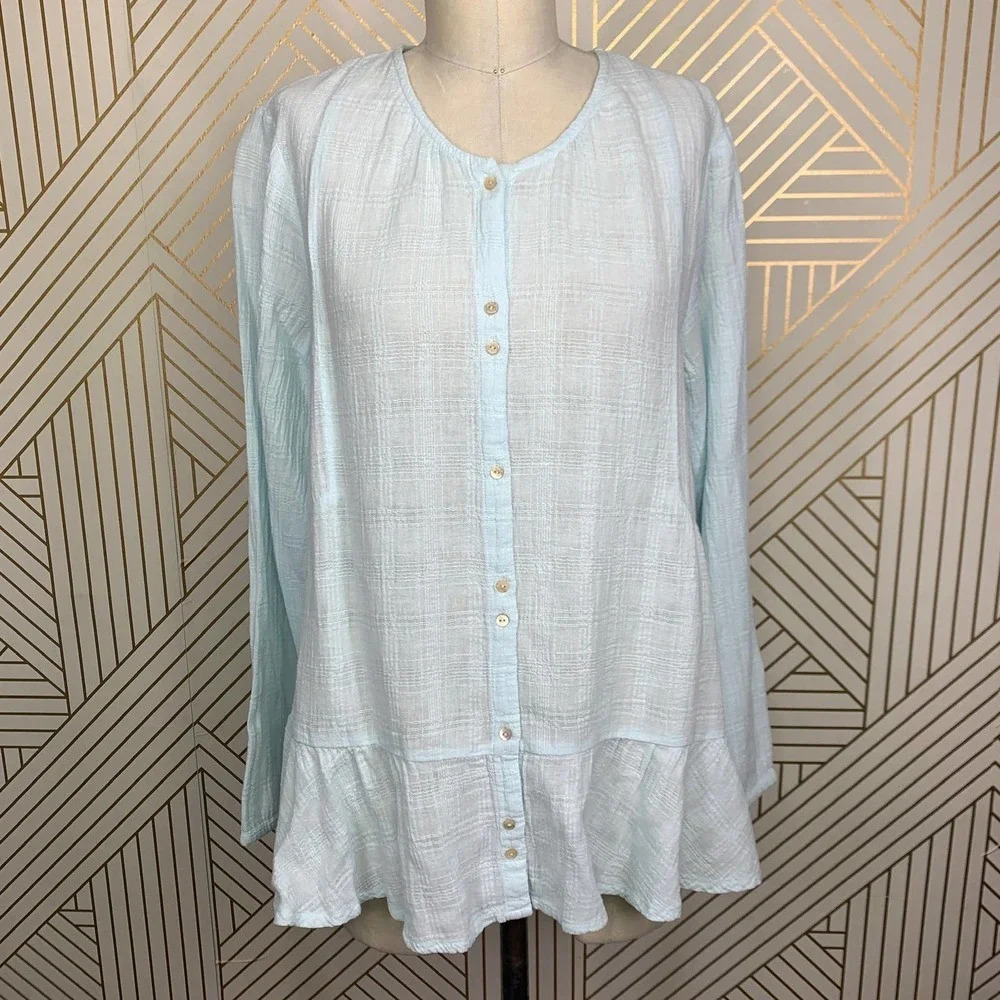 Wrap London Button Front Peplum Linen Top Blouse in Mint Blue Size US 8